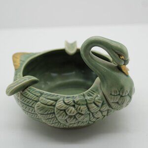 Vintage 60s Swan Ashtray Green Porcelain Gold Rose Vanity Figurine